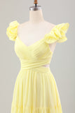 Simple Lemon Yellow A Line Pleated Ruffled Wedding Guest Dress