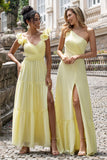 Simple Lemon Yellow A Line Pleated Wedding Party Guest Dress with Ruffles