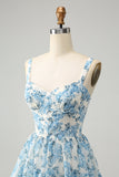 White Blue Corset Tiered Floral Wedding Guest Dress