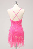 Sparkly Hot Pink Sequins V Neck Tight Homecoming Dress with Fringes