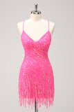 Sparkly Hot Pink Sequins V Neck Tight Homecoming Dress with Fringes