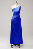 Blue One Shoulder Satin Keyhole Long Bridsmaid Dress