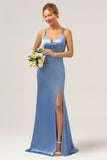 Blue Mermaid Spaghetti Straps Long Satin Bridesmaid Dress with Slit