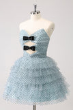 Blue A Line Tiered Dotted Strapless Homecoming Dress with Bows