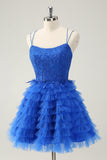 Blue A Line Spaghetti Straps Tulle Cute Homecoming Dress with Ruffles