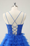 Blue A Line Spaghetti Straps Tulle Cute Homecoming Dress with Ruffles