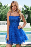 Elegant Blue A Line Spaghetti Straps Tulle Homecoming Dress with Ruffles