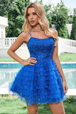 Elegant Blue A Line Spaghetti Straps Tulle Homecoming Dress with Ruffles