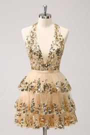 Sparkly Gold A-Line Halter Tiered Sequined Backless Short Homecoming Dress