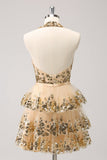 Sparkly Gold A-Line Halter Tiered Sequined Backless Short Homecoming Dress