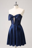 Sparkly Navy Beaded Corset Hollow Out Short Homecoming Dress With Bow