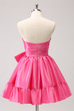 Fuchsia A-Line Strapless Ruffle Short Homecoming Dress with Bow