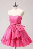 Fuchsia A-Line Strapless Ruffle Short Homecoming Dress with Bow