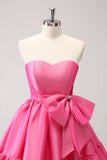 Fuchsia A-Line Strapless Ruffle Short Homecoming Dress with Bow