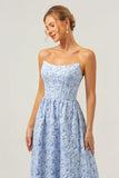 A-Line Blue Floral Strapless High Low Bridesmaid Dress