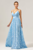 Sparkly V-Neck Pleated Light Blue Long Bridesmaid Dress with Embroidery