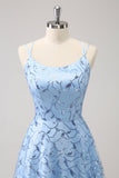 Sparkly Blue Spaghetti Straps Sequins Lace Up Back Ball Dress with Slit