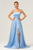 Sparkly Blue A Line Spaghetti Straps Sequins Lace Up Back Prom Dress with Slit