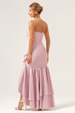 Pink Sheath Strapless Asymmetrical Ruffled Bridesmaid Dress