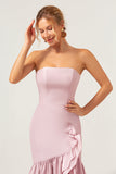 Pink Sheath Strapless Asymmetrical Ruffled Bridesmaid Dress