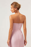 Pink Sheath Strapless Asymmetrical Ruffled Bridesmaid Dress