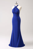 Glitter Blue Halter Bodycon Mermaid Bridesmaid Dress