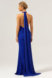 Glitter Blue Mermaid Halter Backless Long Bridesmaid Dress