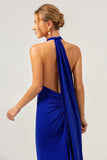 Glitter Blue Mermaid Halter Backless Long Bridesmaid Dress