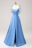 Blue A Line Spaghetti Straps Satin Floor Length Ball Dress with Slit