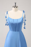 Blue A Line Spaghetti Straps Satin Floor Length Ball Dress with Slit