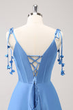 Blue A Line Spaghetti Straps Satin Floor Length Ball Dress with Slit