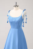 Blue A Line Spaghetti Straps Satin Floor Length Ball Dress with Slit