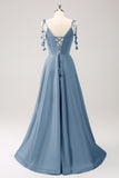 Blue A Line Spaghetti Straps Satin Floor Length Ball Dress with Slit