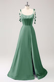 Blue A Line Spaghetti Straps Satin Floor Length Ball Dress with Slit