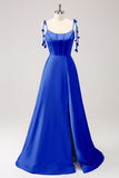 Blue A Line Spaghetti Straps Satin Floor Length Ball Dress with Slit