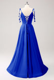 Blue A Line Spaghetti Straps Satin Floor Length Ball Dress with Slit