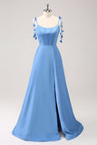 Blue A Line Spaghetti Straps Satin Floor Length Ball Dress with Slit