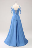 Blue A Line Spaghetti Straps Satin Floor Length Ball Dress with Slit