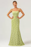 Green Mermaid Spaghetti Straps Embroidered Bridesmaid Dress with Lace Up Back