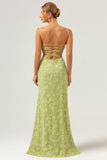 Green Mermaid Spaghetti Straps Embroidered Bridesmaid Dress with Lace Up Back