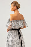 White Black A-Line Off The Shoulder Long Prom Dress with Dot