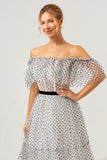 White Black A-Line Off The Shoulder Long Prom Dress with Dot