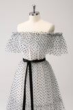 White Black A-Line Dot Off-the-Shoulder Ball Dress