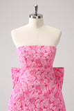 Fuchsia A Line Floral Strapless Short Homecoming Dress With Bow