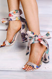 Apricot Colorful Chunky High Heels Sandals with Ribbon