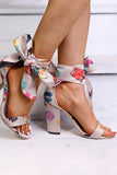 Apricot Colorful Chunky High Heels Sandals with Ribbon