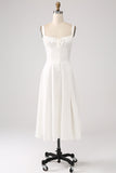 White Midi Graduation Dress with Lace-up Back