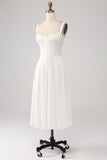 White Midi Graduation Dress with Lace-up Back