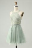 Dusty Green Halter Sequins A Line Homecoming Dress