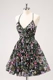 Sparkly Black A Line Floral Short Homecoming Dress with Sequins